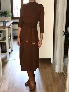 Calvin Klein Cinnamon Ribbed Knit Mock Neck Midi Dress - Small